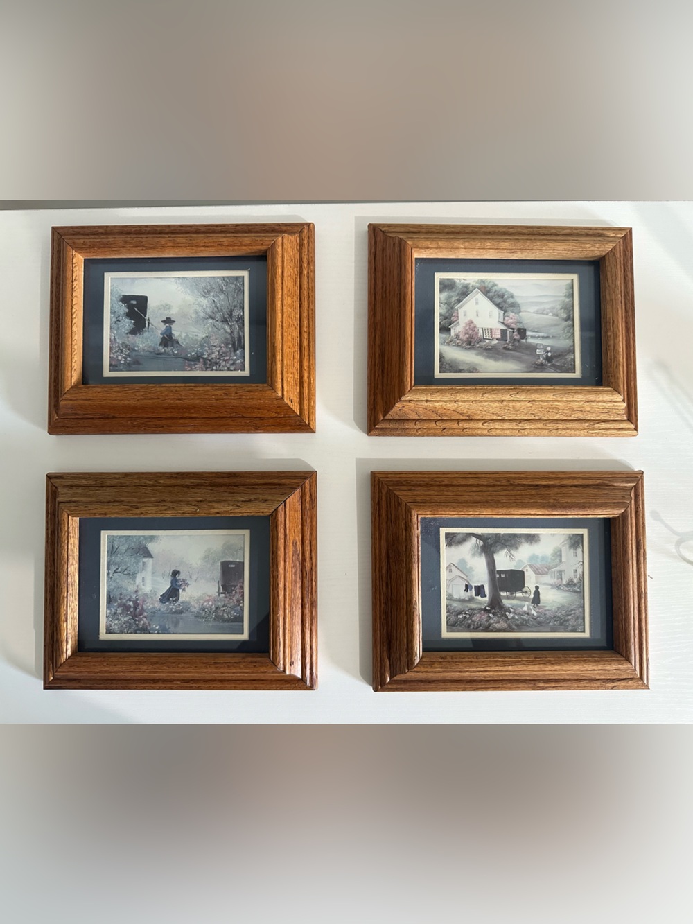 Set of 4 Vintage Amish Country Framed Prints, Oak Frames, Folk Art Decor